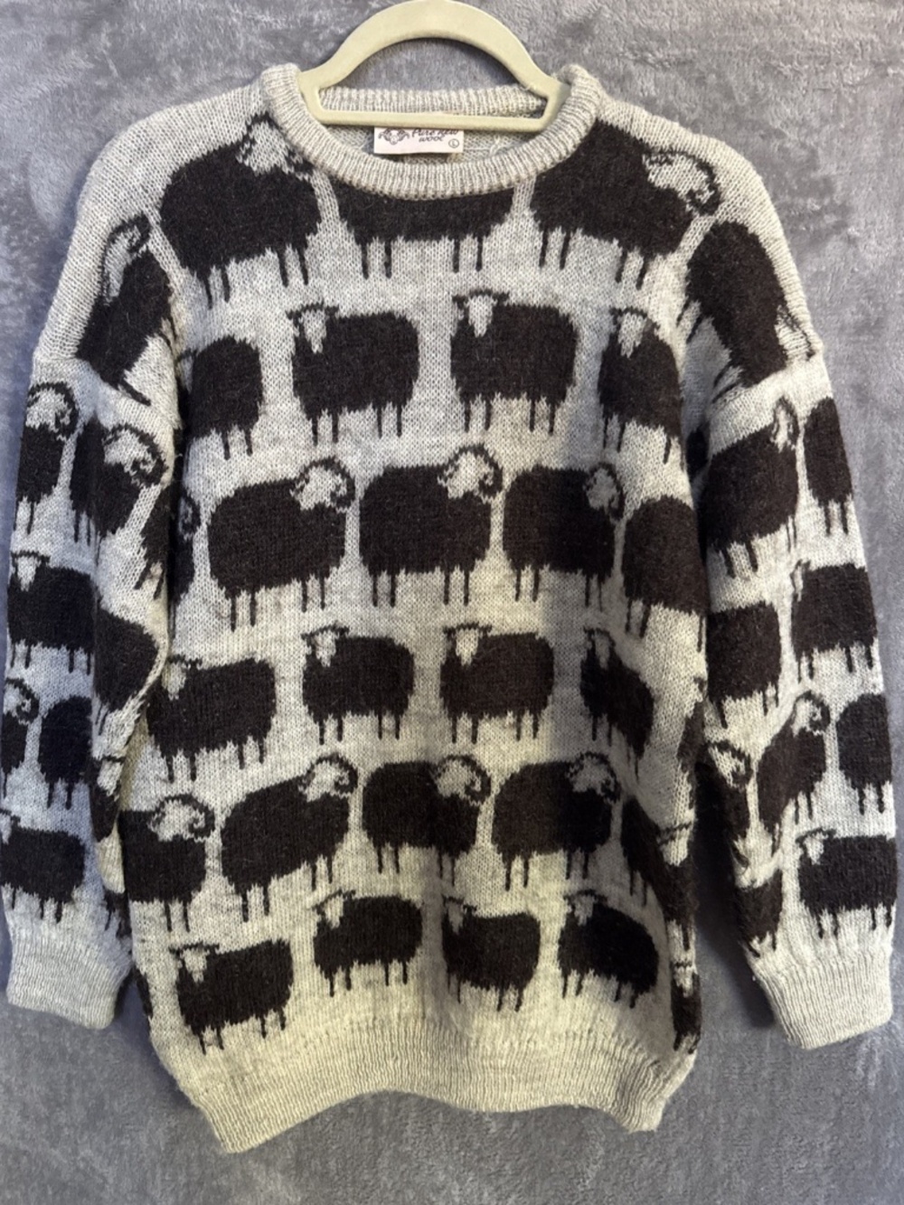 Vintage Pure New Wool Ram Logo Sweater | Unisex | Gray & Brown | Size L